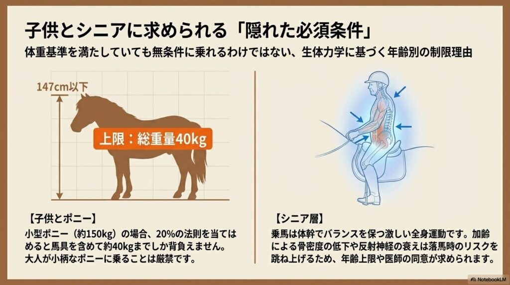 体高147cm以下の小型ポニーの積載上限40kgの図解と、シニア層の体幹バランスおよび骨密度低下によるリスクの解説図。