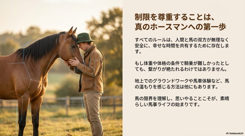 馬と人が額を寄せ合い心を通わせるシーン。真のホースマンシップと動物への思いやりを表現したイメージ画像。