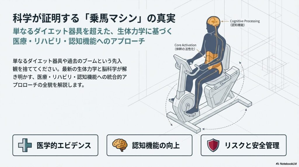 乗馬マシンの生体力学と医療・リハビリ・認知機能への効果を解説するプレゼンテーションの表紙