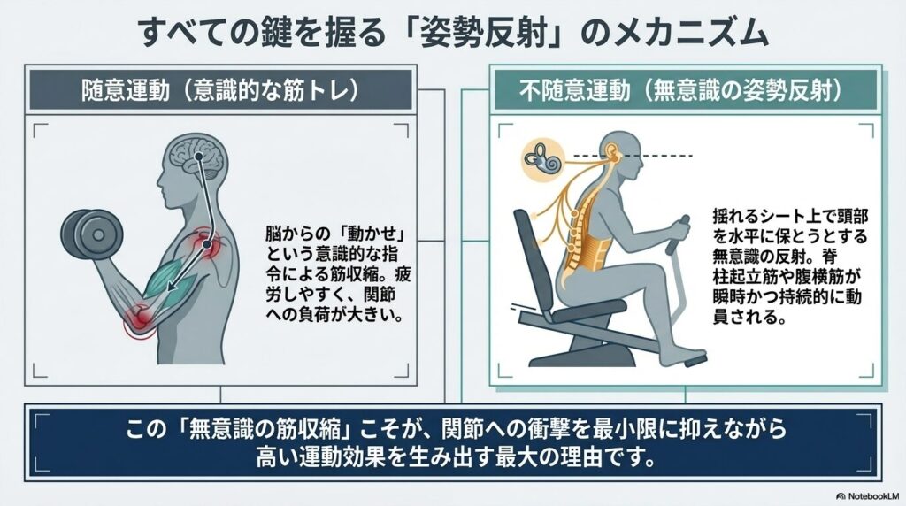 意識的な筋トレ（随意運動）と無意識の姿勢反射（不随意運動）の違いを示すイラスト