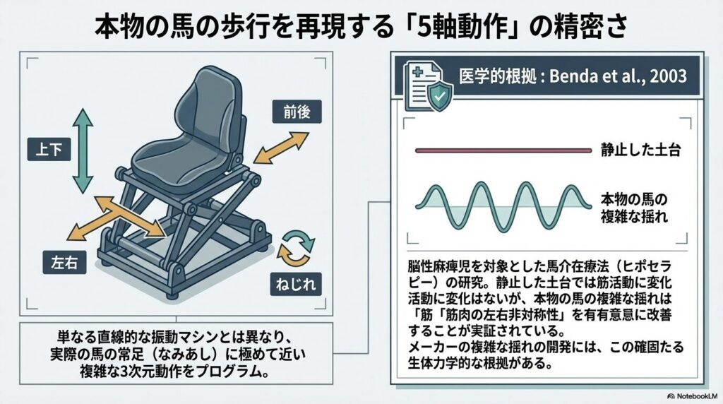乗馬マシンの5軸動作（上下・前後・左右・ねじれ）とBendaらによるヒポセラピー研究の比較図