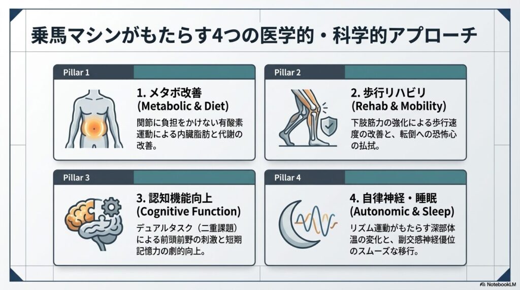 メタボ改善・歩行リハビリ・認知機能向上・自律神経と睡眠の4つの柱を示すアイコンと解説