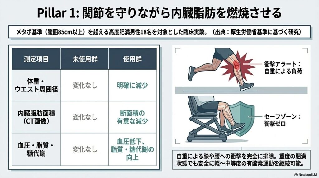 肥満男性を対象とした臨床実験の結果と、膝や腰への衝撃を排除したセーフゾーンの解説図