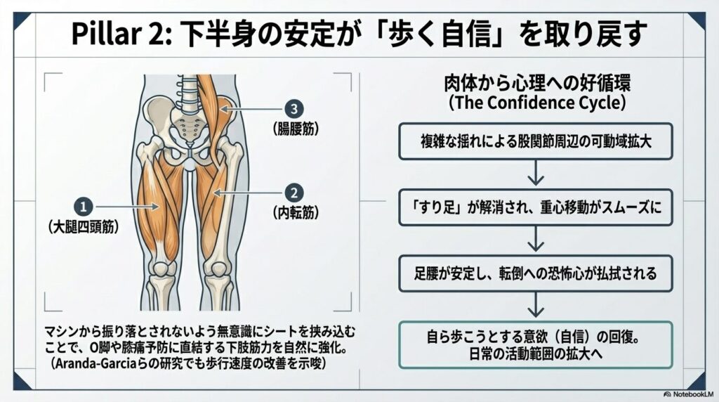 大腿四頭筋・内転筋・腸腰筋の強化と「肉体から心理への好循環」を示すフローチャート