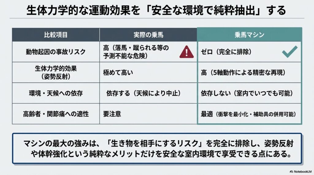 実際の乗馬と乗馬マシンの事故リスク・依存環境・適性の比較表