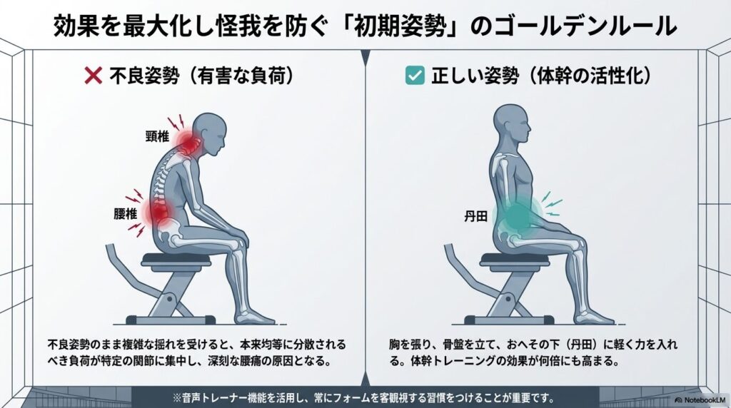 不良姿勢による頸椎・腰椎への有害な負荷と、丹田に力を入れた正しい姿勢の対比図 