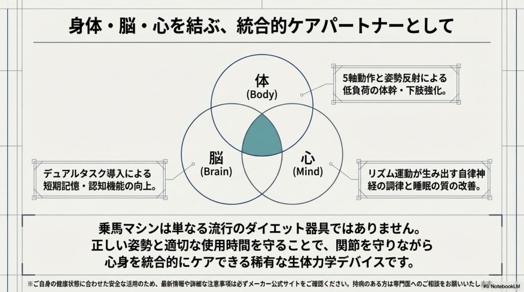 体・脳・心を結ぶ統合的ケアパートナーとしての乗馬マシンのまとめイラスト