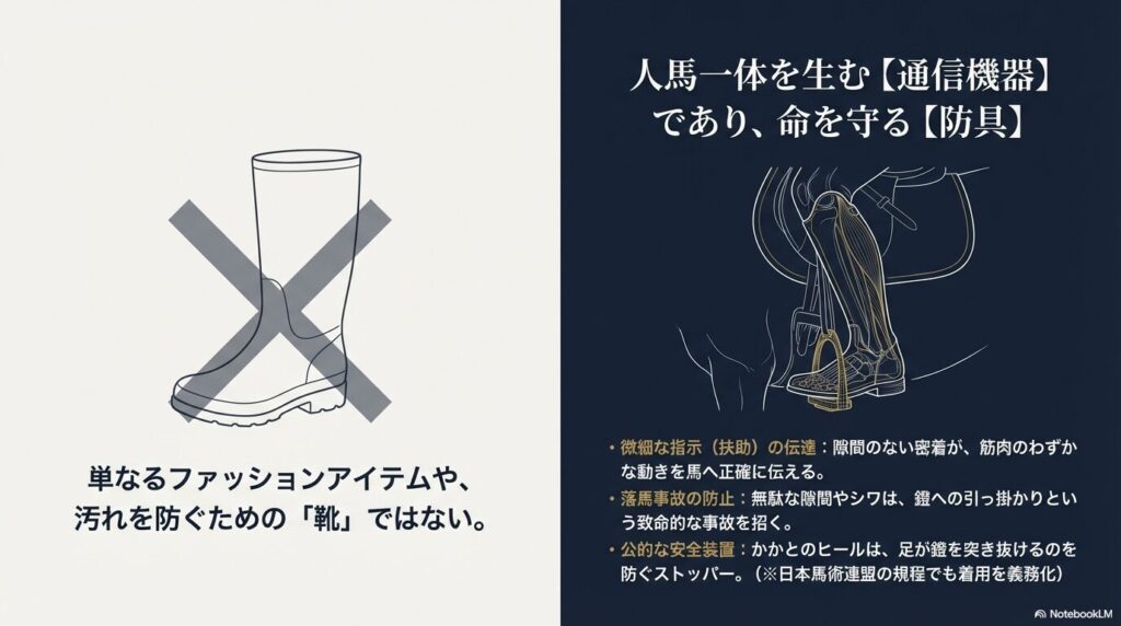 一般的な長靴との違いと、乗馬用長靴が果たすふくらはぎのホールド機能および安全機能の図解