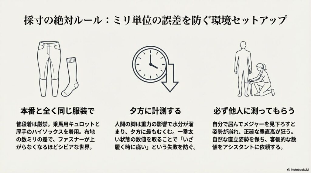 乗馬用長靴の正確な採寸環境（キュロット着用、夕方の時間帯、第三者による計測）