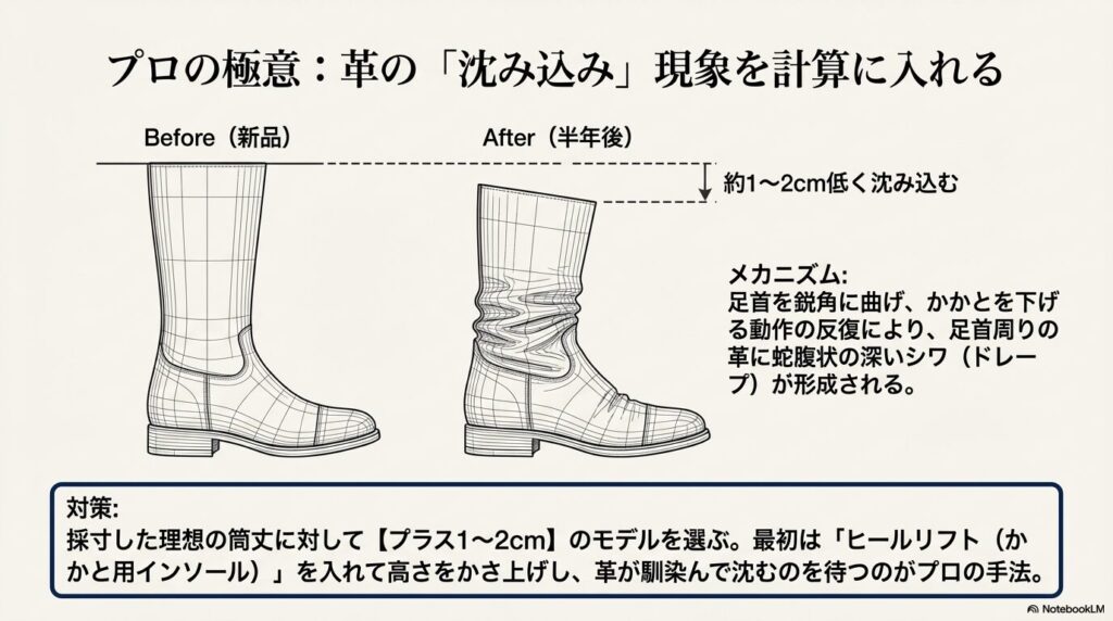乗馬用長靴の足首部分に生じる革の沈み込み現象による筒丈の変化（マイナス1〜2cm）