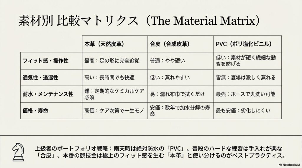 乗馬用長靴の素材別比較表（本革・合成皮革・PVCごとのフィット感・メンテナンス性・寿命の違い）