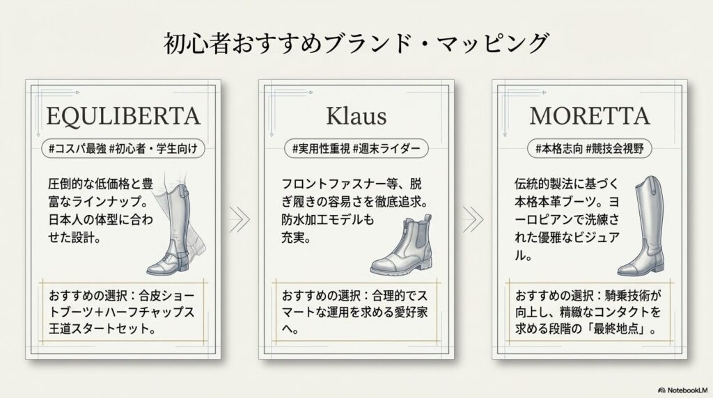 初心者におすすめの乗馬用長靴ブランド（EQULIBERTA、Klaus、MORETTA）の特徴と選び方