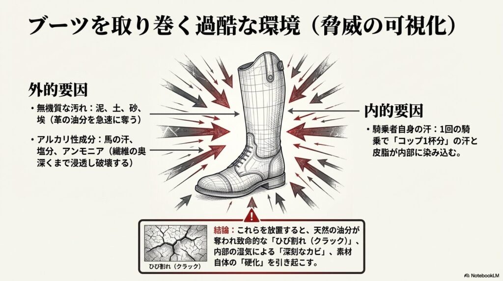 乗馬用長靴の寿命を縮める外的要因（泥、砂）と内的要因（汗）、およびひび割れのリスク