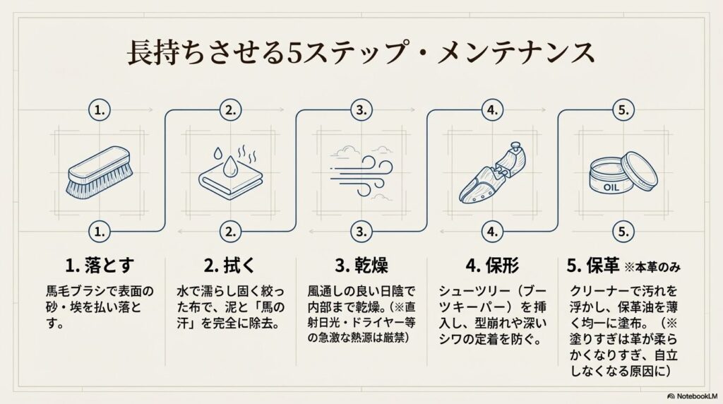 乗馬用長靴を長持ちさせる5つのメンテナンス手順（泥落とし、拭き取り、乾燥、保形、保革）