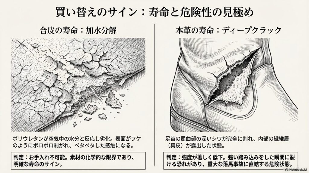 乗馬用長靴の買い替えのサインとなる合皮の加水分解による剥がれと本革の深いひび割れ
