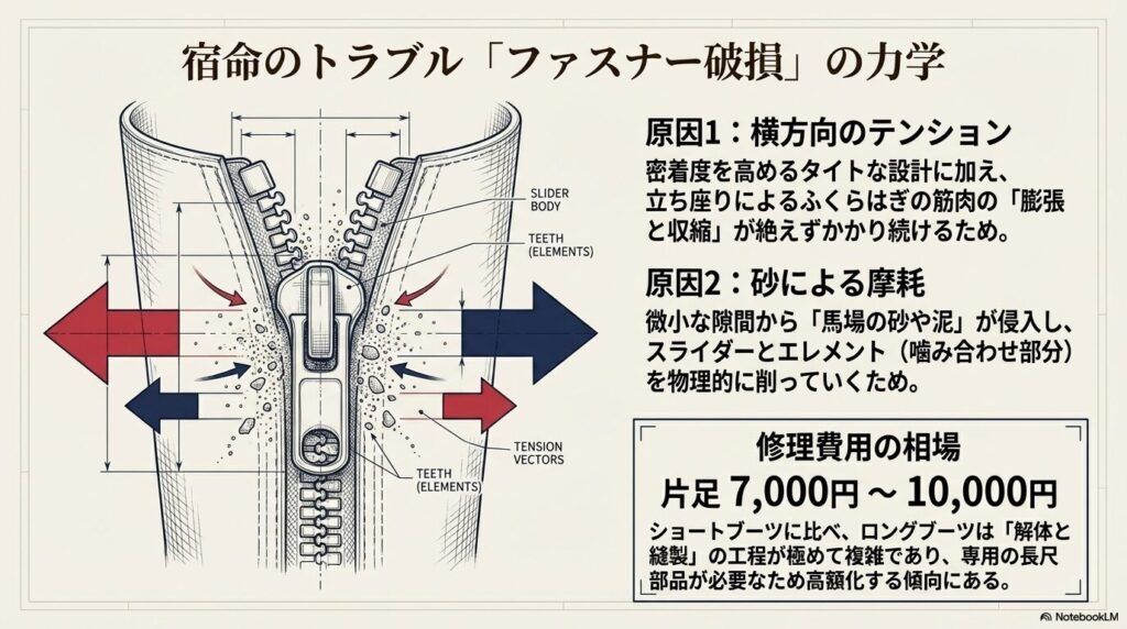 乗馬用長靴のファスナーが破損する原因（横方向の引っ張りと砂の侵入による摩耗メカニズム）