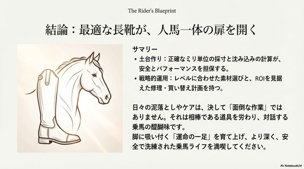 人馬一体を象徴する馬の横顔と美しい乗馬用長靴のイラスト