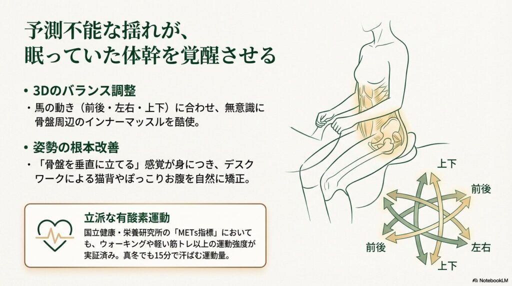 乗馬による前後・左右・上下の3Dの揺れとインナーマッスルへの効果を示す図解