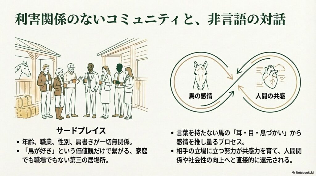 乗馬クラブでの人々の交流と、馬との非言語コミュニケーションのサイクル図
