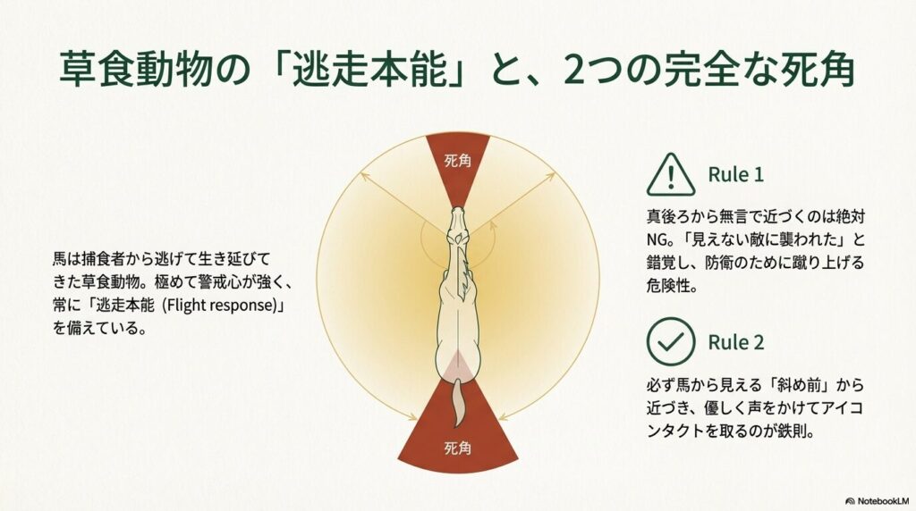 馬の視野と、真正面・真後ろにある2つの完全な死角を示す図解