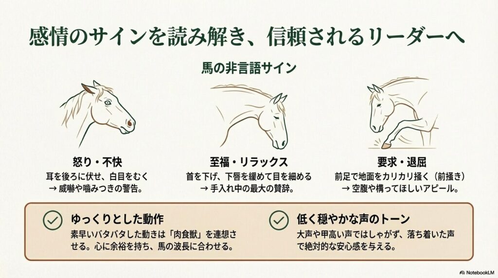 馬の感情を示す表情（怒り・リラックス・前掻き）のイラスト