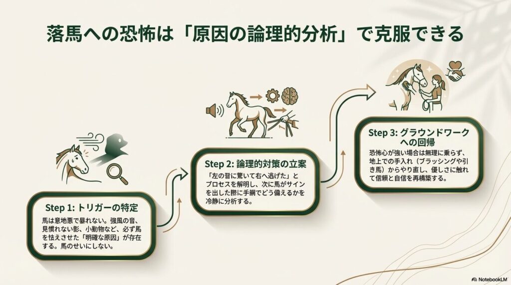 落馬の恐怖を克服するための論理的分析とグラウンドワークのステップ図