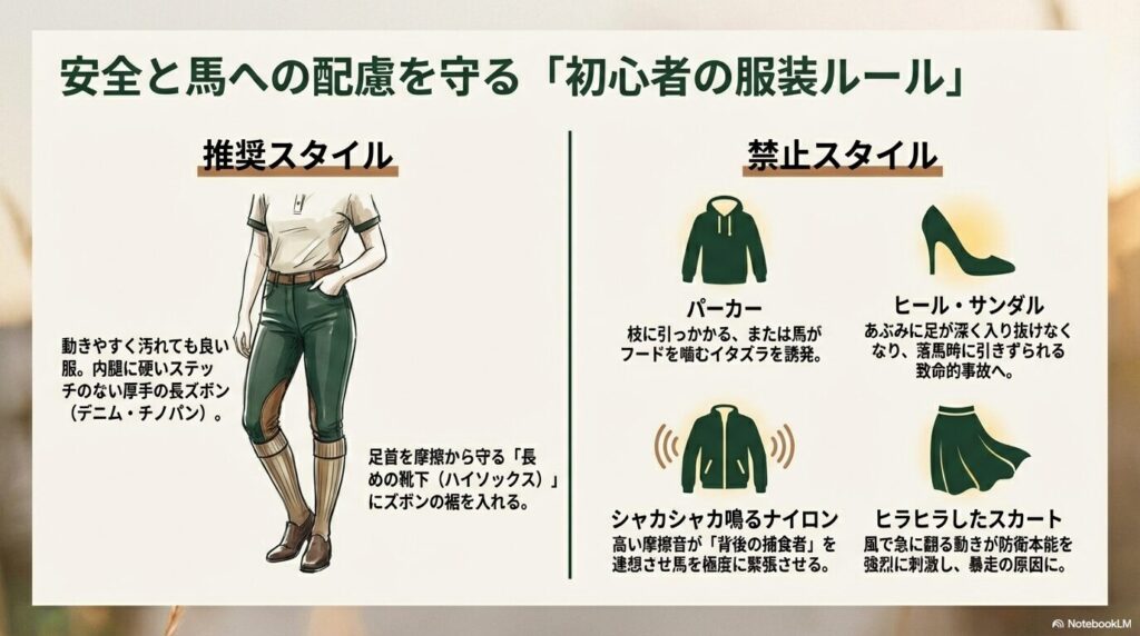 乗馬で推奨される長ズボンと、NGとされるパーカーやスカートなどの服装例