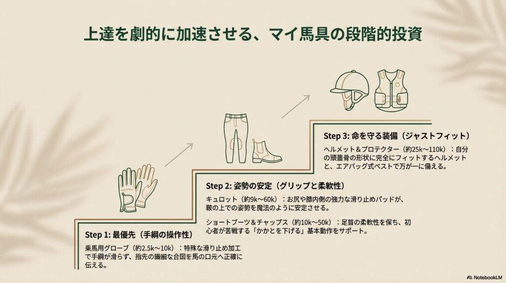 乗馬上達のために段階的に揃える専用グローブやキュロットなどのマイ馬具