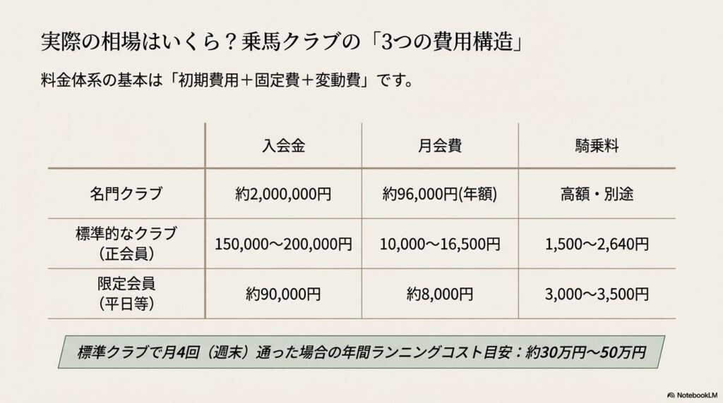 乗馬クラブの入会金・月会費・騎乗料からなる3つの費用構造