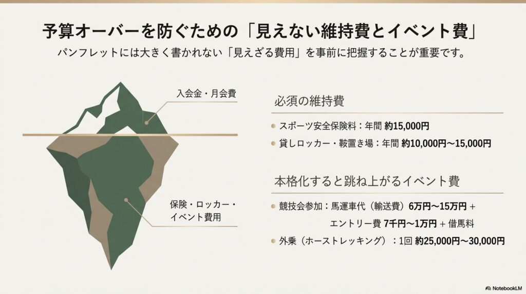 乗馬クラブの保険料やロッカー代、競技会・外乗などの見えない維持費とイベント費用