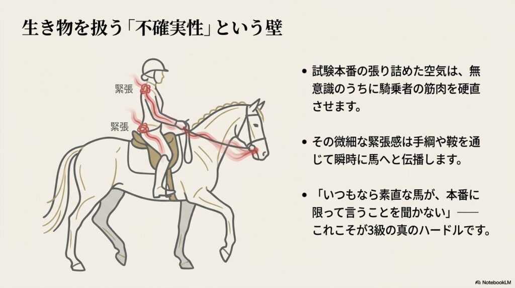 乗馬ライセンス3級の実技試験において、騎乗者の緊張が手綱を通じて馬へ伝播するメカニズムの図解
