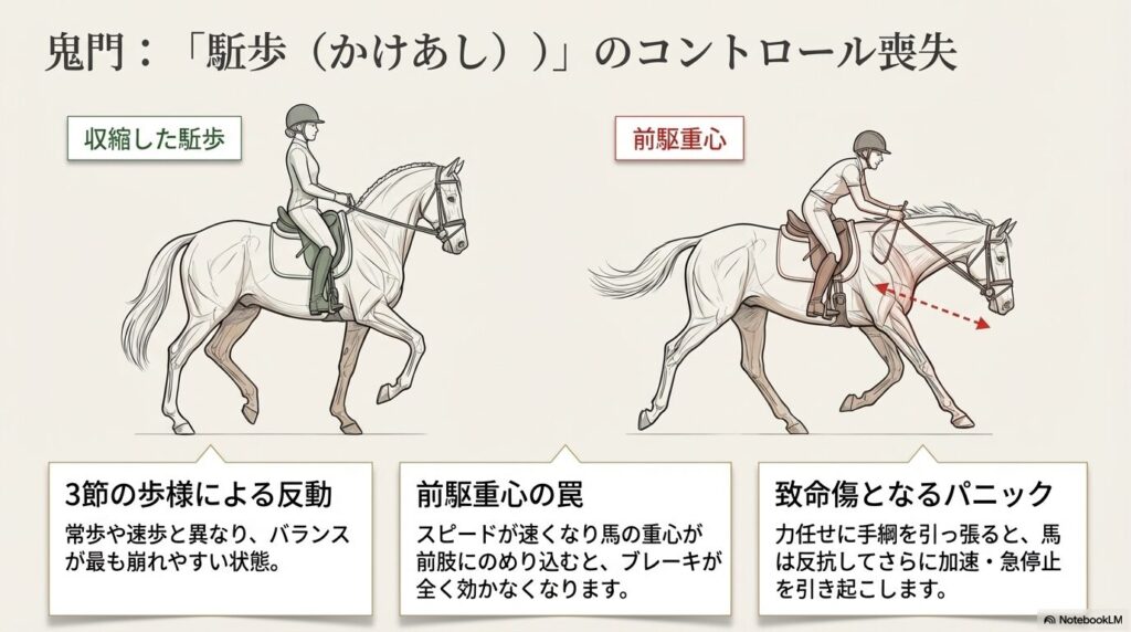 乗馬ライセンス3級の鬼門となる駈歩での前駆重心と、コントロール喪失を引き起こすメカニズム