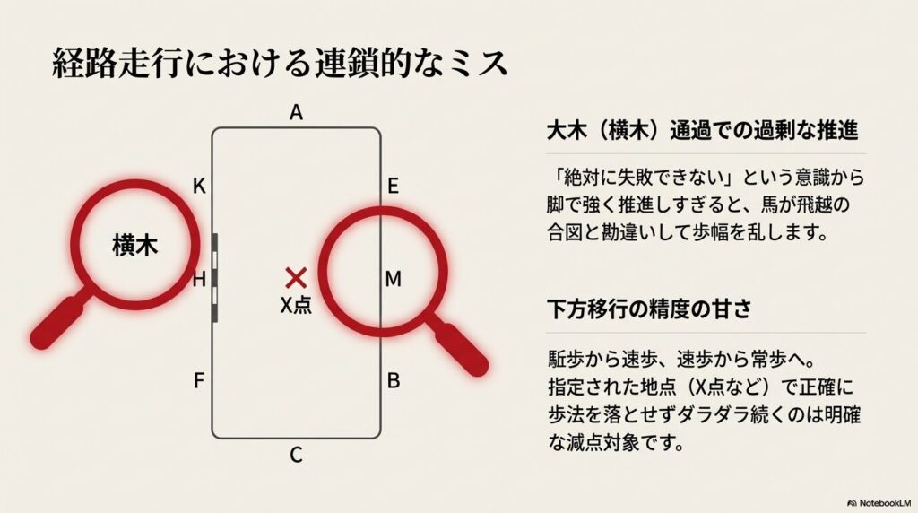 乗馬ライセンス3級の実技試験で失敗しやすい横木通過と、X点での正確な下方移行を示す馬場経路図