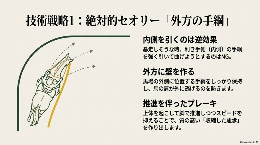 乗馬ライセンス3級の実技対策における絶対的セオリー「外方の手綱」を用いた正しい推進とコーナリングの図解