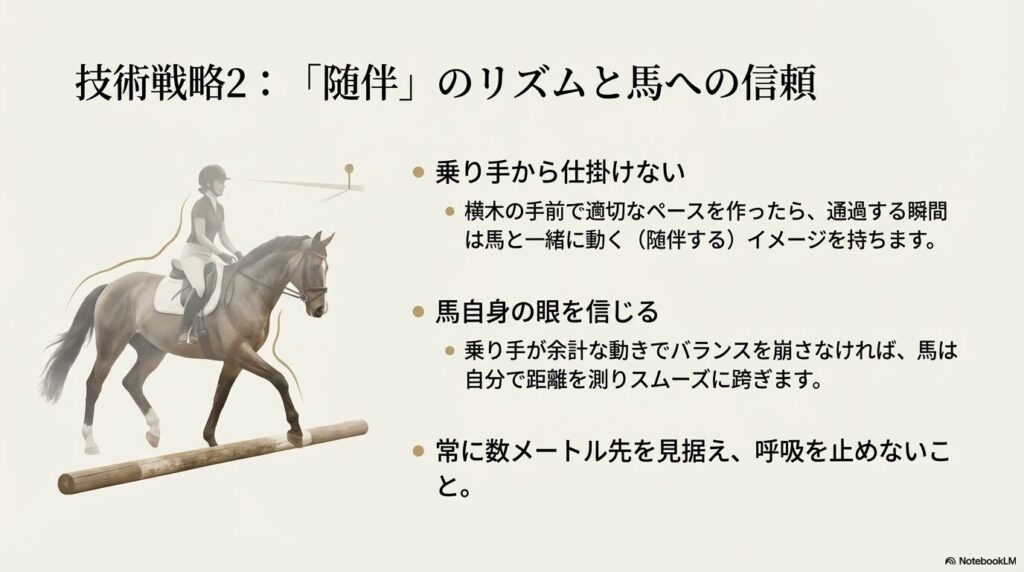 乗馬ライセンス3級の横木通過において、馬自身の眼を信じて随伴する技術戦略を示すイメージ