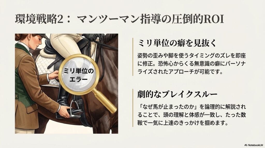 乗馬ライセンス3級合格に向けたマンツーマン指導で、インストラクターが騎乗者のミリ単位の癖を修正する様子