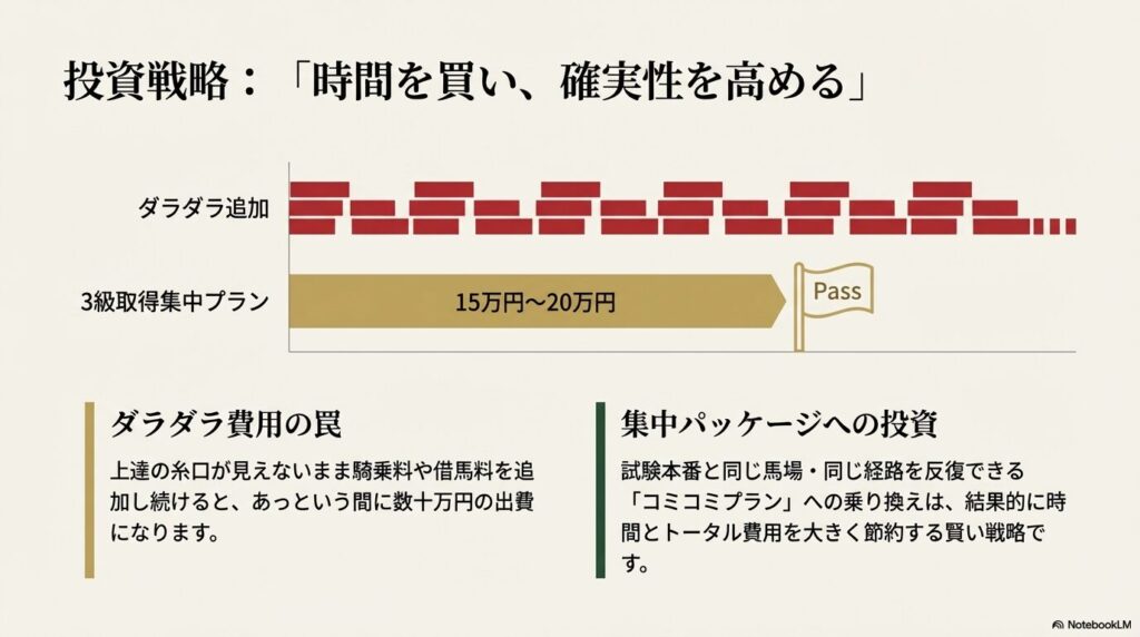 乗馬ライセンス3級取得にかかるダラダラとした追加費用と、集中パッケージプランの投資対効果の比較グラフ