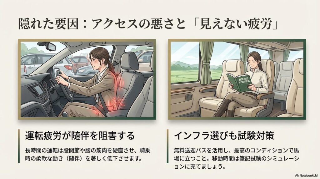 乗馬クラブへのアクセスにおける長時間の運転疲労と、無料送迎バスでのリラックスと筆記試験対策の比較