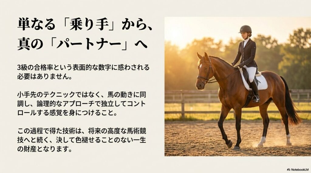 乗馬ライセンス3級の取得プロセスを経て、単なる乗り手から馬の真のパートナーへと成長した騎乗者の姿