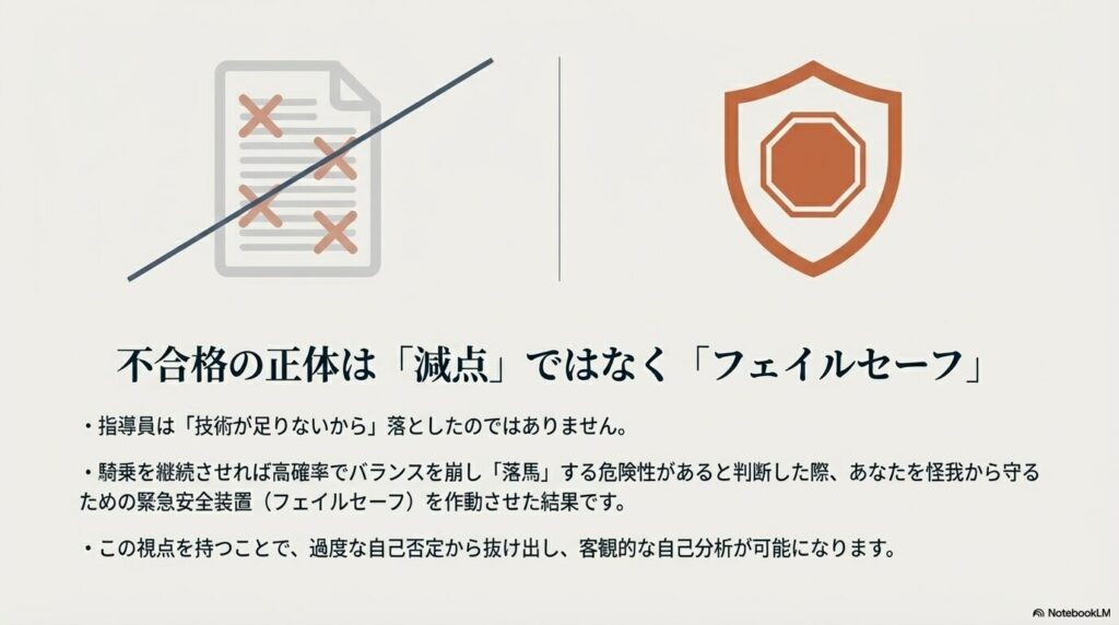 乗馬ライセンス5級の不合格は技術の減点ではなく落馬を防ぐ緊急安全装置であることを示す図
