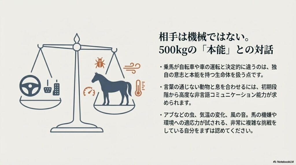 機械の操作と独自の意志や本能を持つ500kgの馬を扱う乗馬の難しさの違いを比較した天秤