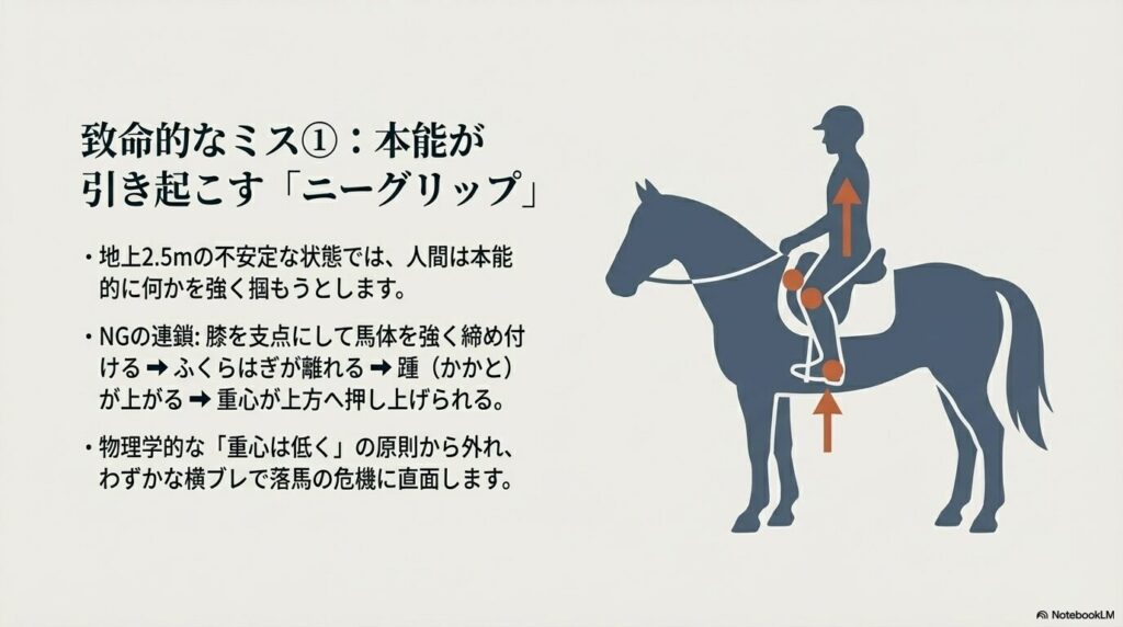 ニーグリップにより踵が上がり重心が上方へ押し上げられてバランスを崩す乗馬の姿勢メカニズム