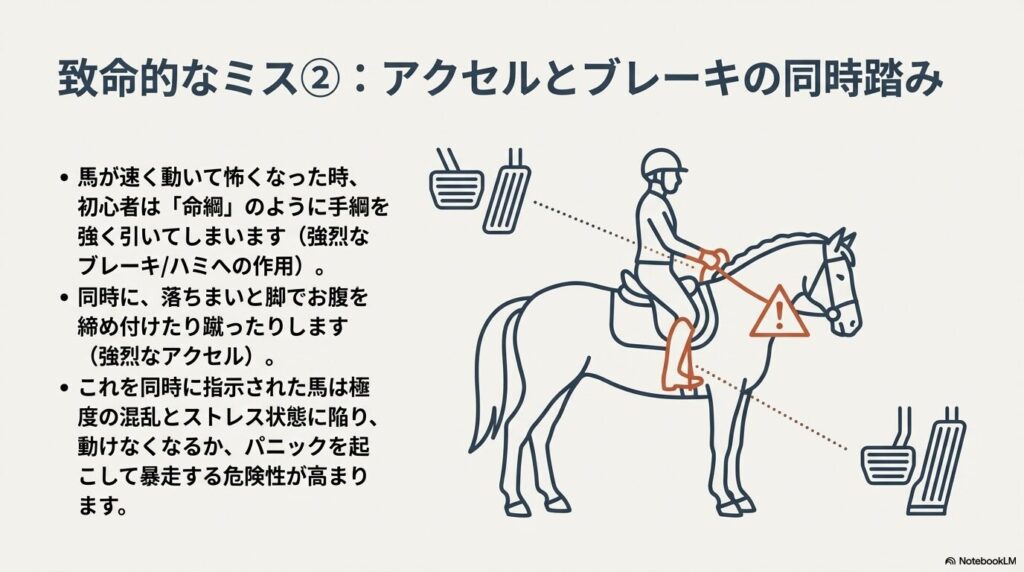 手綱を強く引きながら脚で馬の腹部を蹴るアクセルとブレーキの同時入力を示す警告図