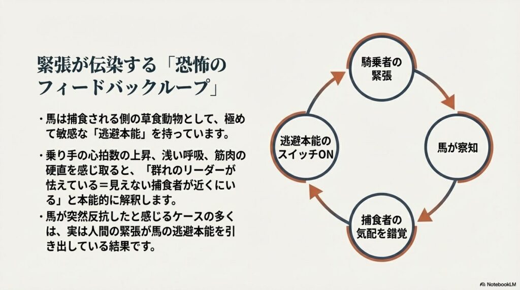 騎乗者の緊張が馬に伝わり逃避本能のスイッチが入る恐怖のフィードバックループ図