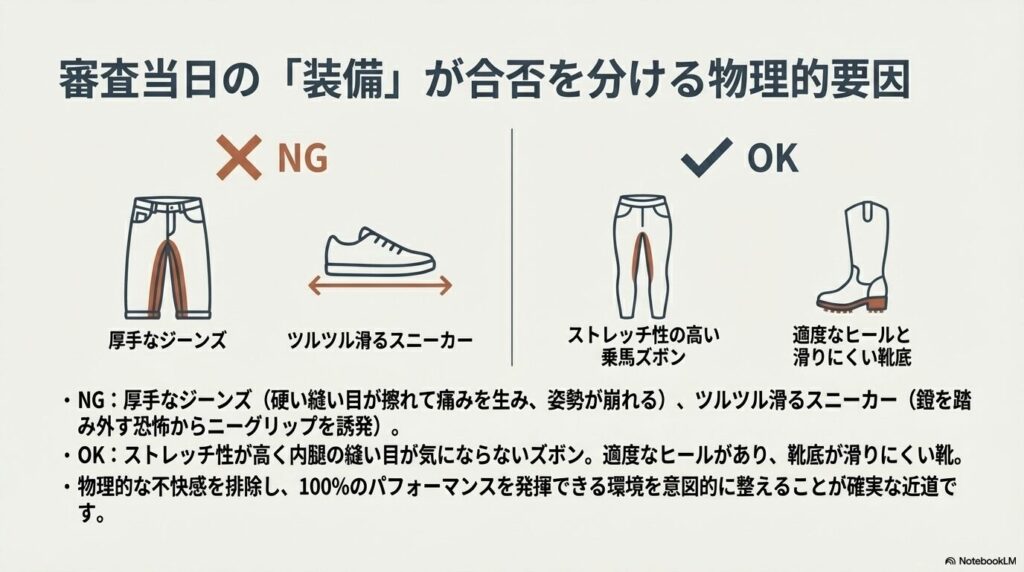 乗馬審査において姿勢を崩す原因となる厚手のジーンズと適した乗馬ズボンの比較