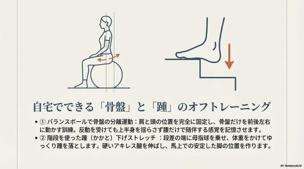 乗馬のバランス感覚を養うバランスボールでの骨盤分離運動と階段を利用した踵下げストレッチ