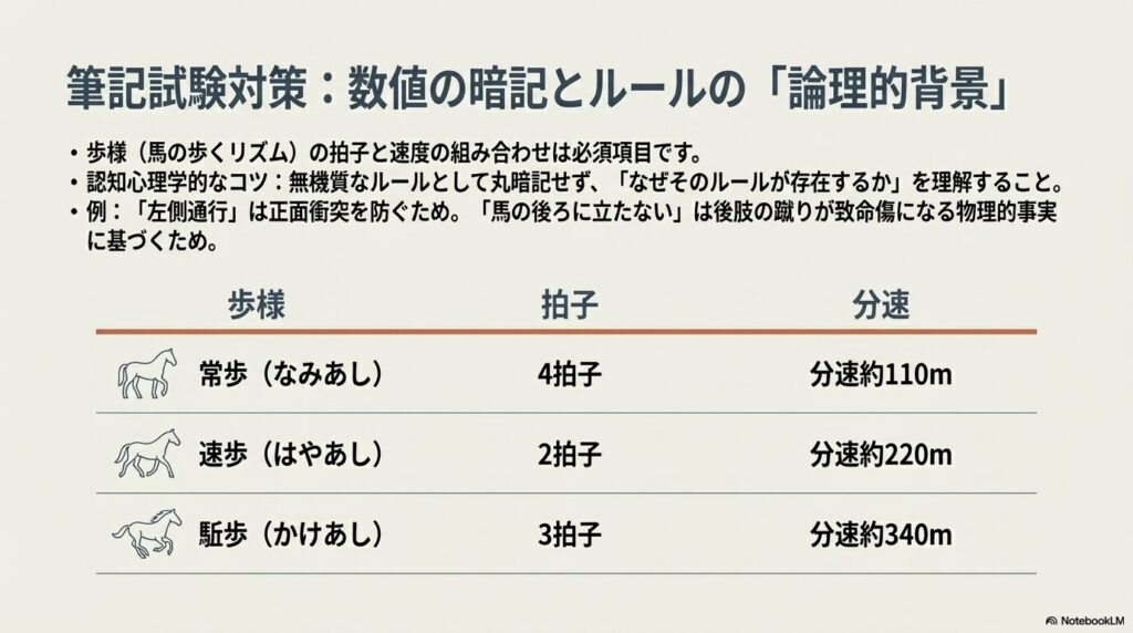 常歩や速歩や駈歩など乗馬における馬の歩様のリズムと分速をまとめた一覧表
