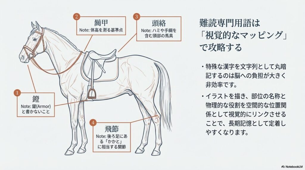 鐙、鬐甲、頭絡、飛節など乗馬の筆記試験で頻出する難読専門用語を馬体のイラストに配置した視覚的マッピング図