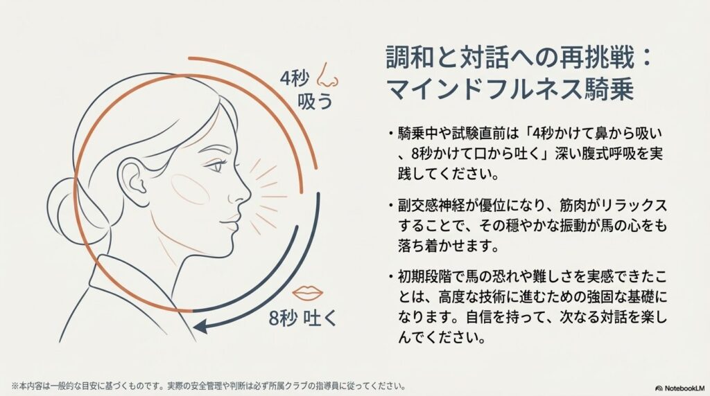 乗馬時の緊張を和らげるため4秒かけて鼻から息を吸い8秒かけて口から吐くマインドフルネス呼吸法
