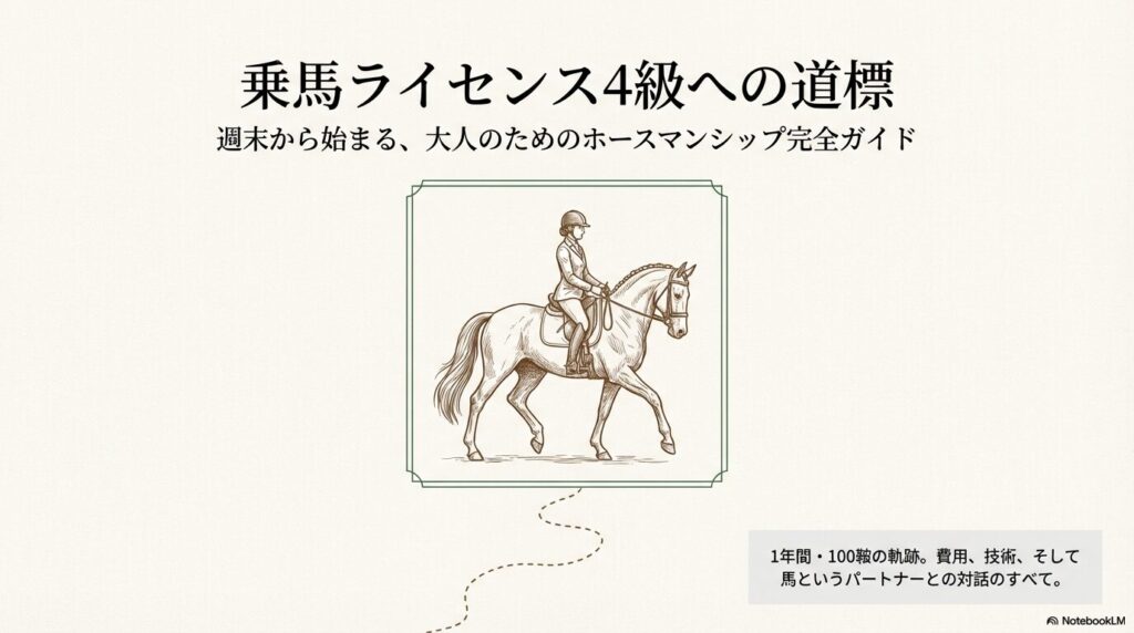 乗馬ライセンス4級取得を目指すライダーと馬のイラスト